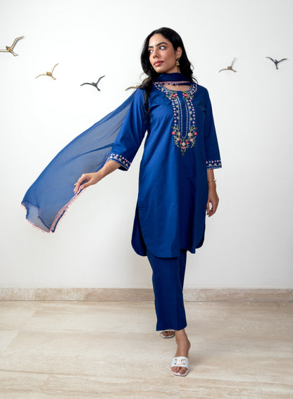 Navy blue tunic set with chiffon dupatta