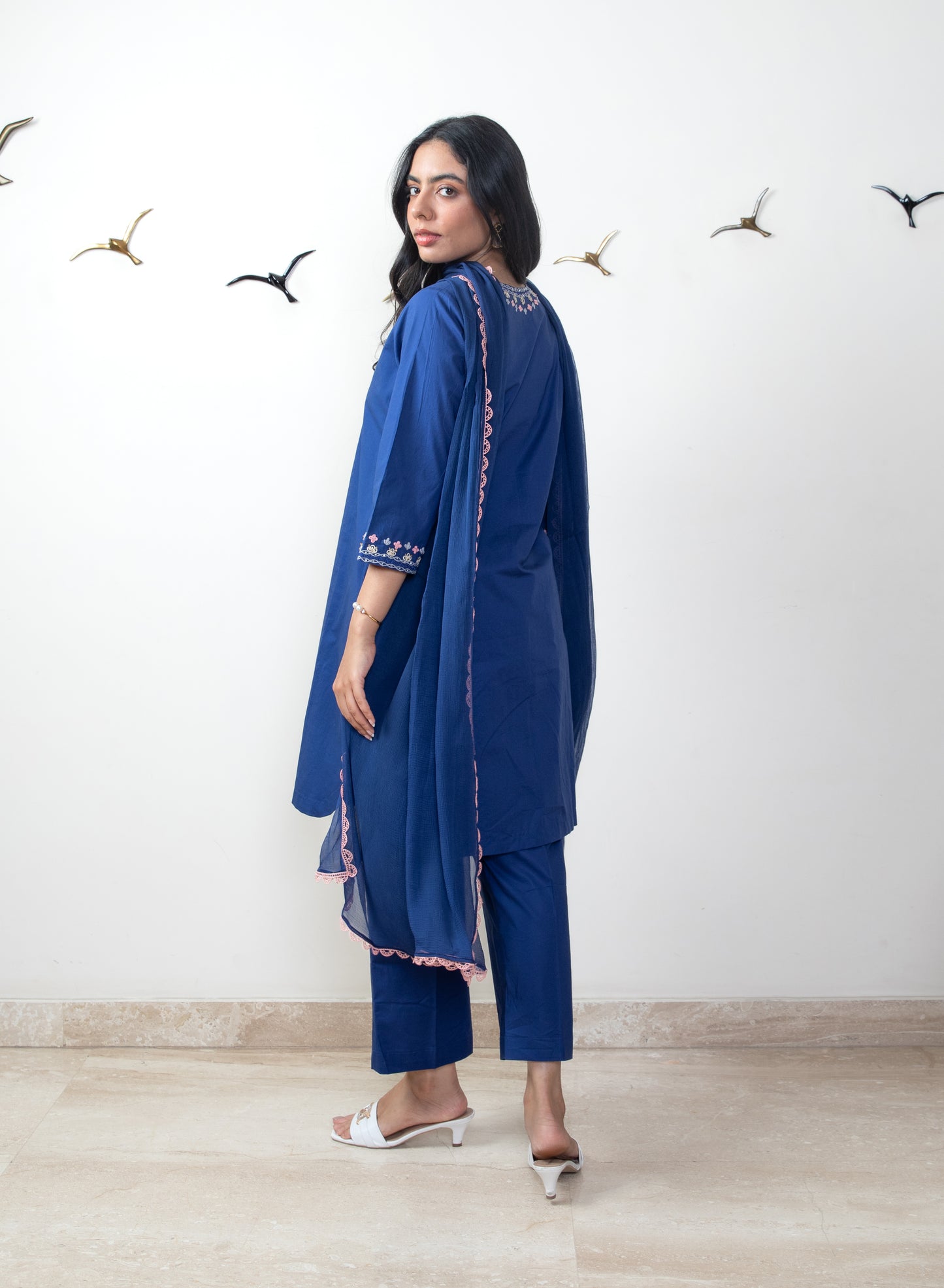 Navy blue tunic set with chiffon dupatta