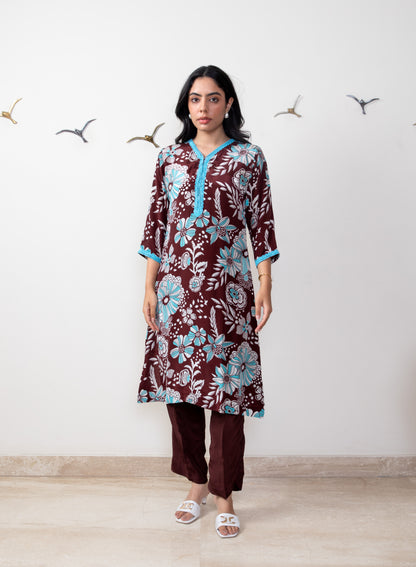 Printed Crepe Tunic Set - BROWN