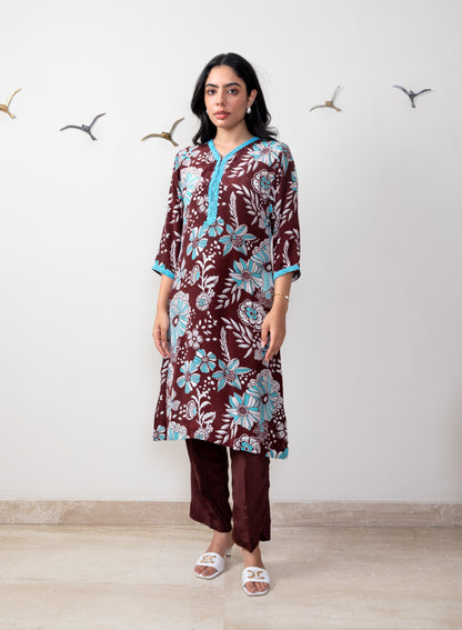 Printed Crepe Tunic Set - BROWN