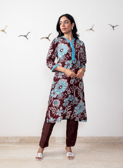 Printed Crepe Tunic Set - BROWN