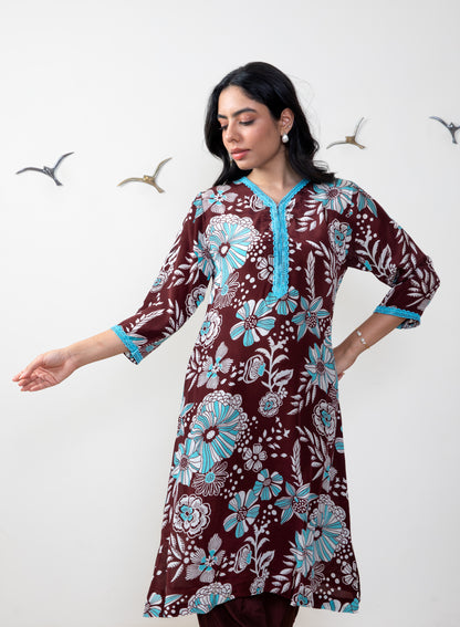 Printed Crepe Tunic Set - BROWN