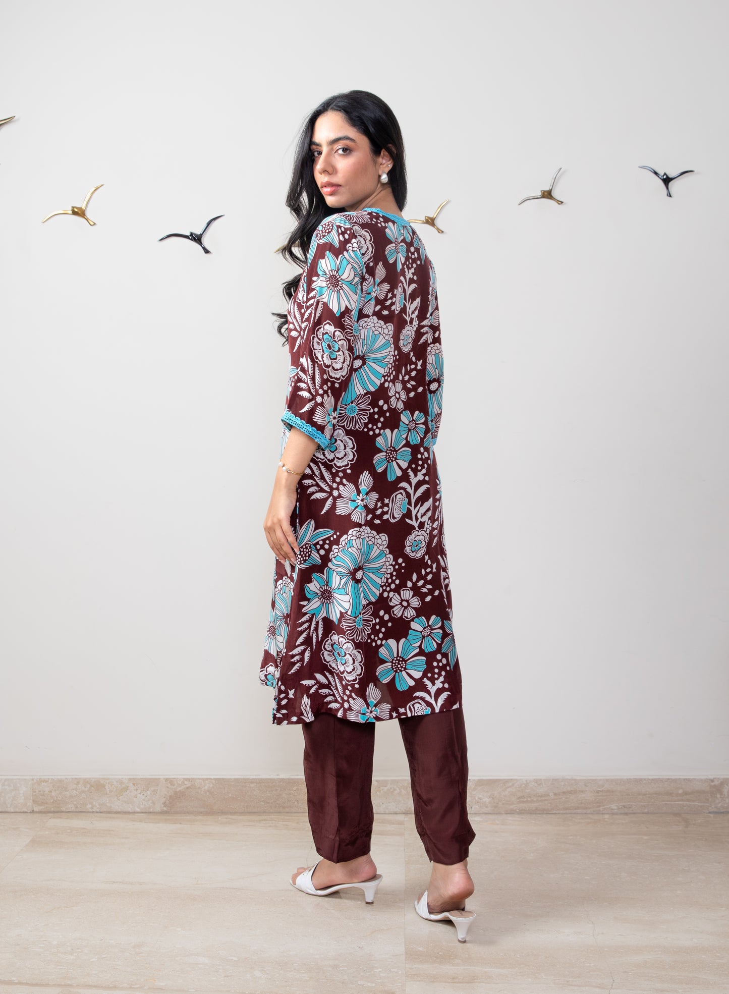 Printed Crepe Tunic Set - BROWN