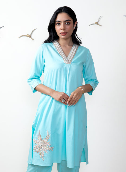 Ocean blue cotton satin tunic set