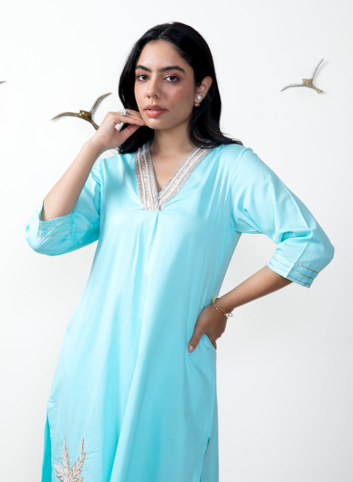 Ocean blue cotton satin tunic set