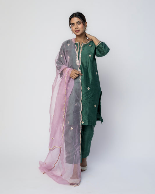 Bottle Green Tunic Set with Pink Organza Dupatta, Resham French Knot Embroidery