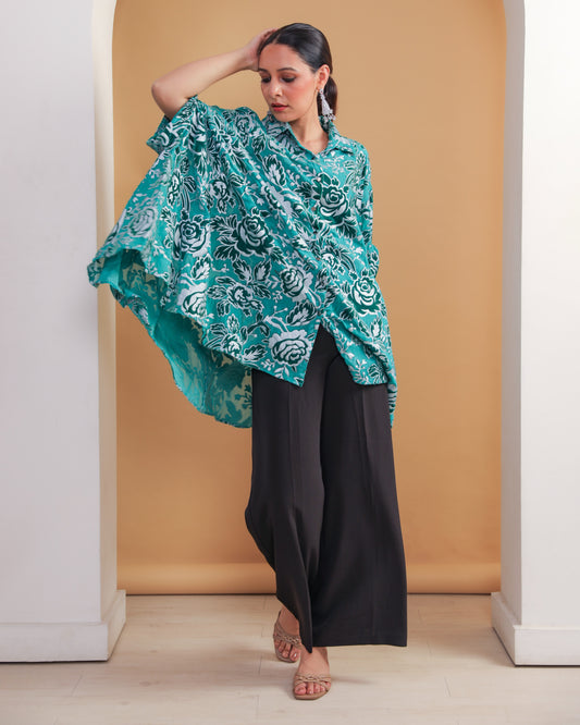 Devoré Velvet Cape Shirt Emerald Green