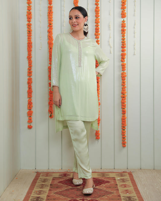 Emma Pistache Green Georgette Tunic Set