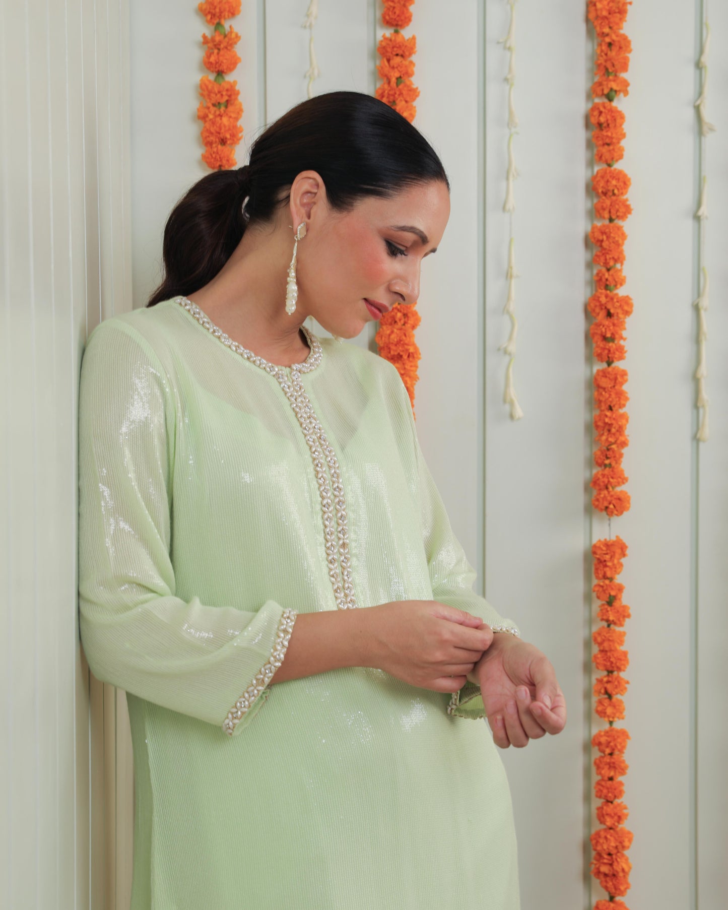 Emma Pistache Green Georgette Tunic Set