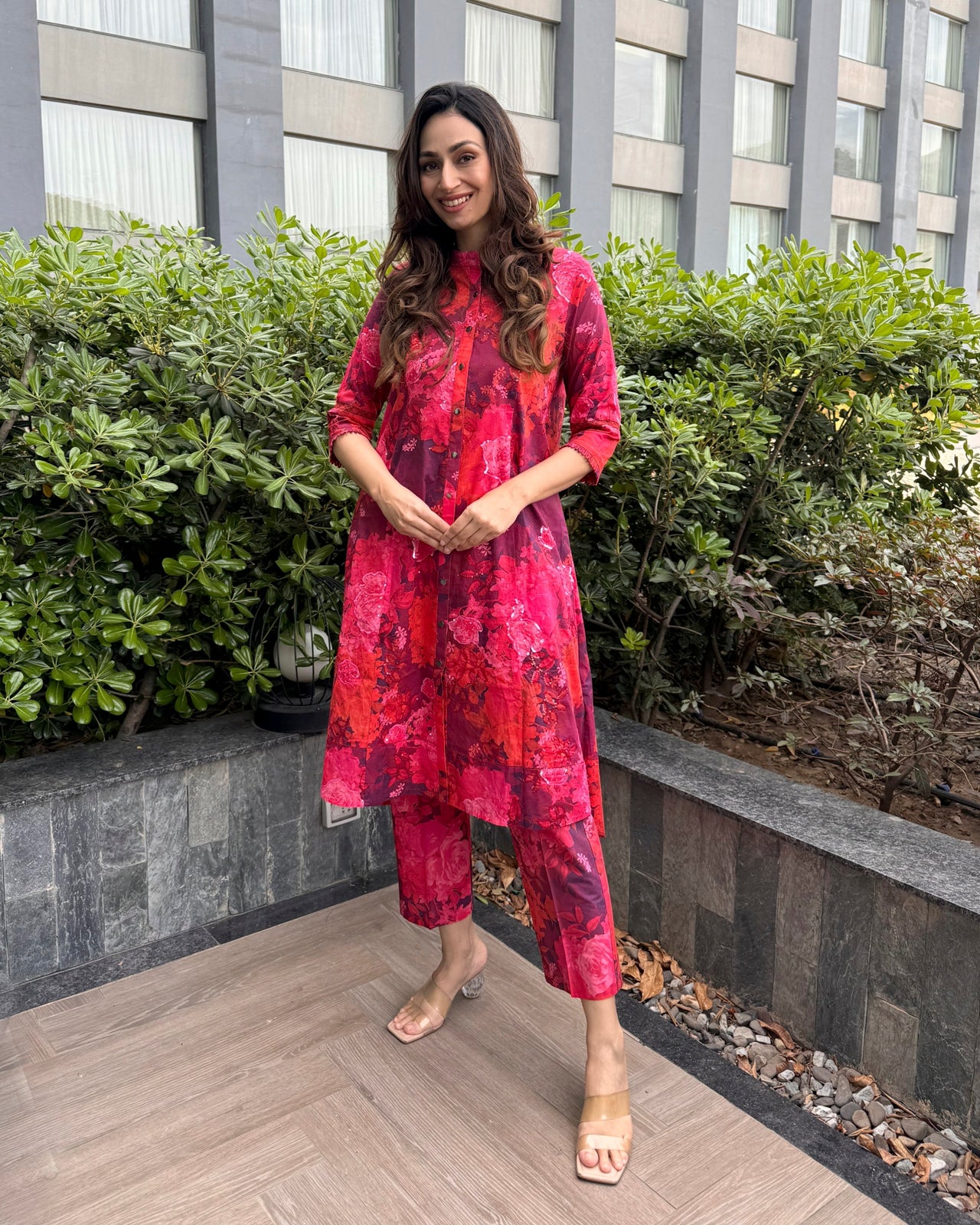 Red Printed Cotton Tunic Set with Hand Highlights