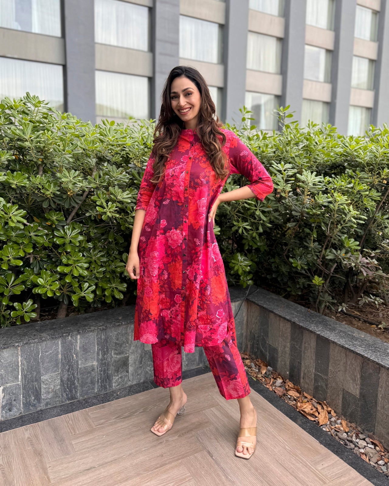 Red Printed Cotton Tunic Set with Hand Highlights