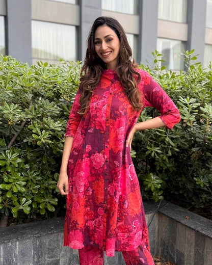 Red Printed Cotton Tunic Set with Hand Highlights