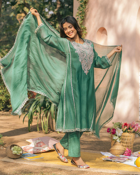 Bottle Green Classy Kali Tunic Set and Dupatta