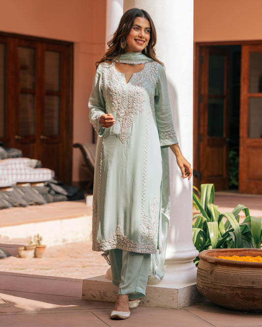 Sea Green Georgette Tunic Set with Tabby Silk Dupatta