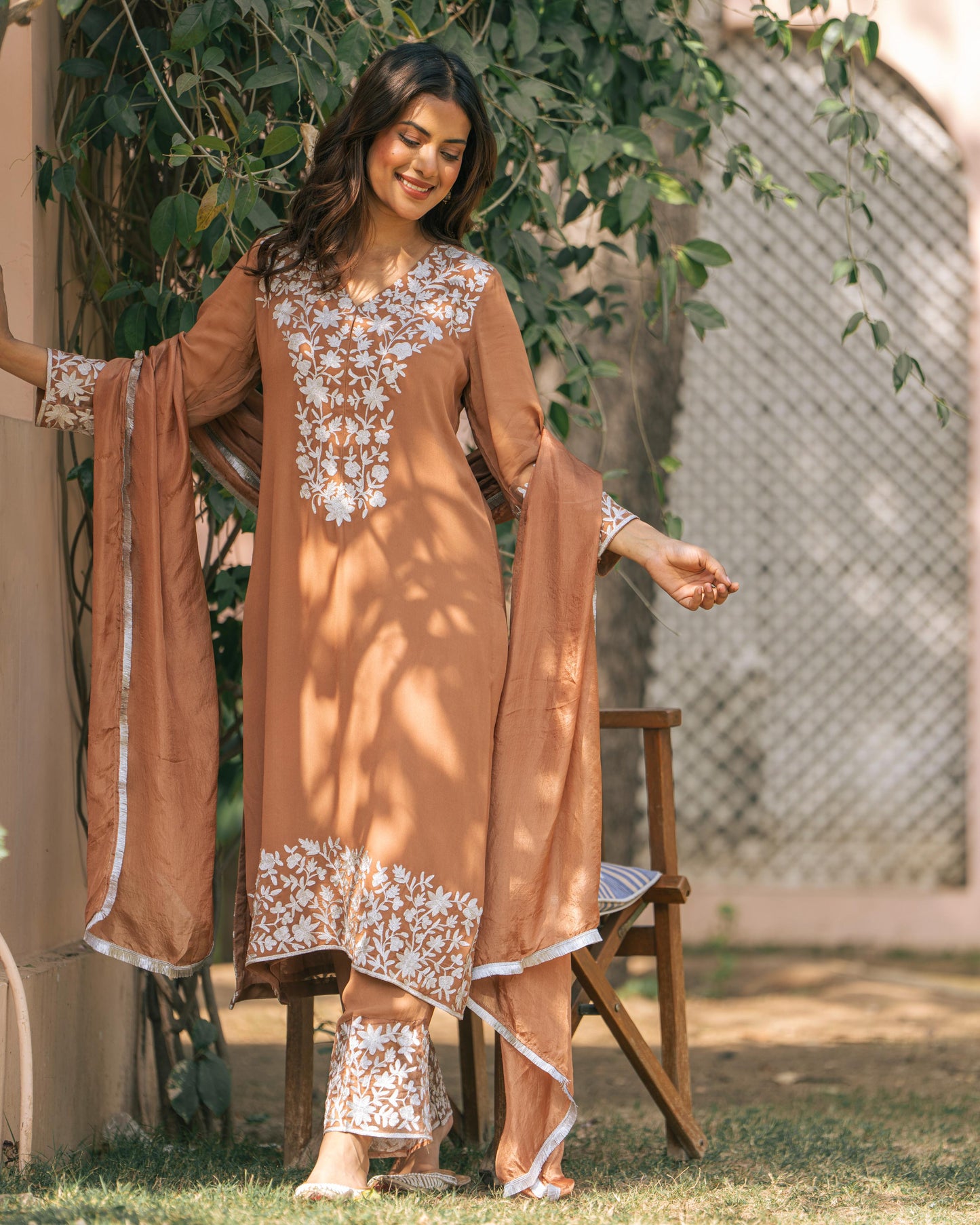 Brown Georgette Tunic Set with Silver Aari Work