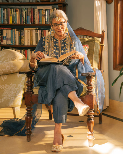 Royal Blue Tunic Set with Gold Embroidery