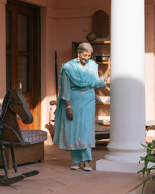 Firozi Georgette Tunic Set with Tabby Silk Dupatta