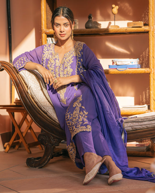Purple Georgette Tunic Set with Tabby Silk Dupatta