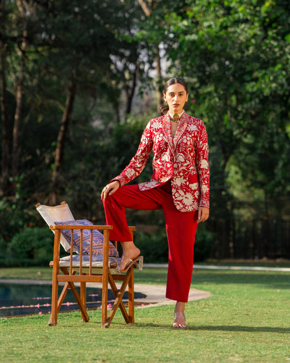 Maroon Jacket and Pant with Parsi Embroidered Blazer