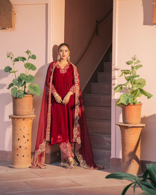 Red Velvet Embroidery Tunic Set