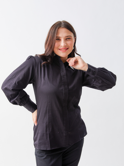 Lagom Black Shirt With Pearl Embroidery Collar