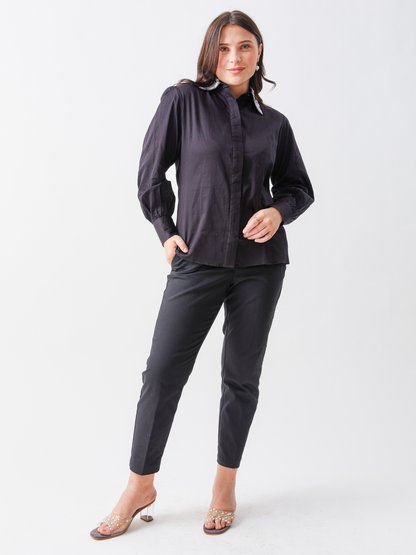 Lagom Black Shirt With Pearl Embroidery Collar