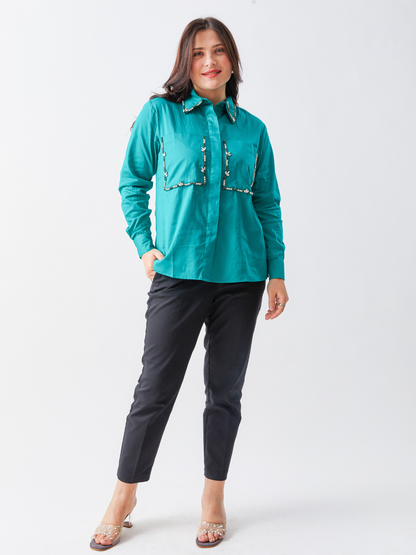 Fika Forest Green Cotton Shirt With Stone Embroidery