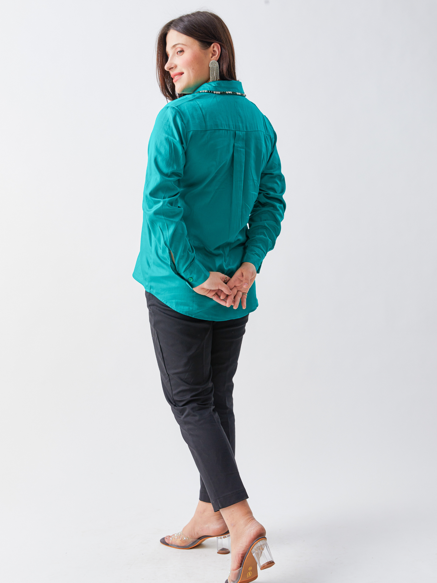 Fika Forest Green Cotton Shirt With Stone Embroidery