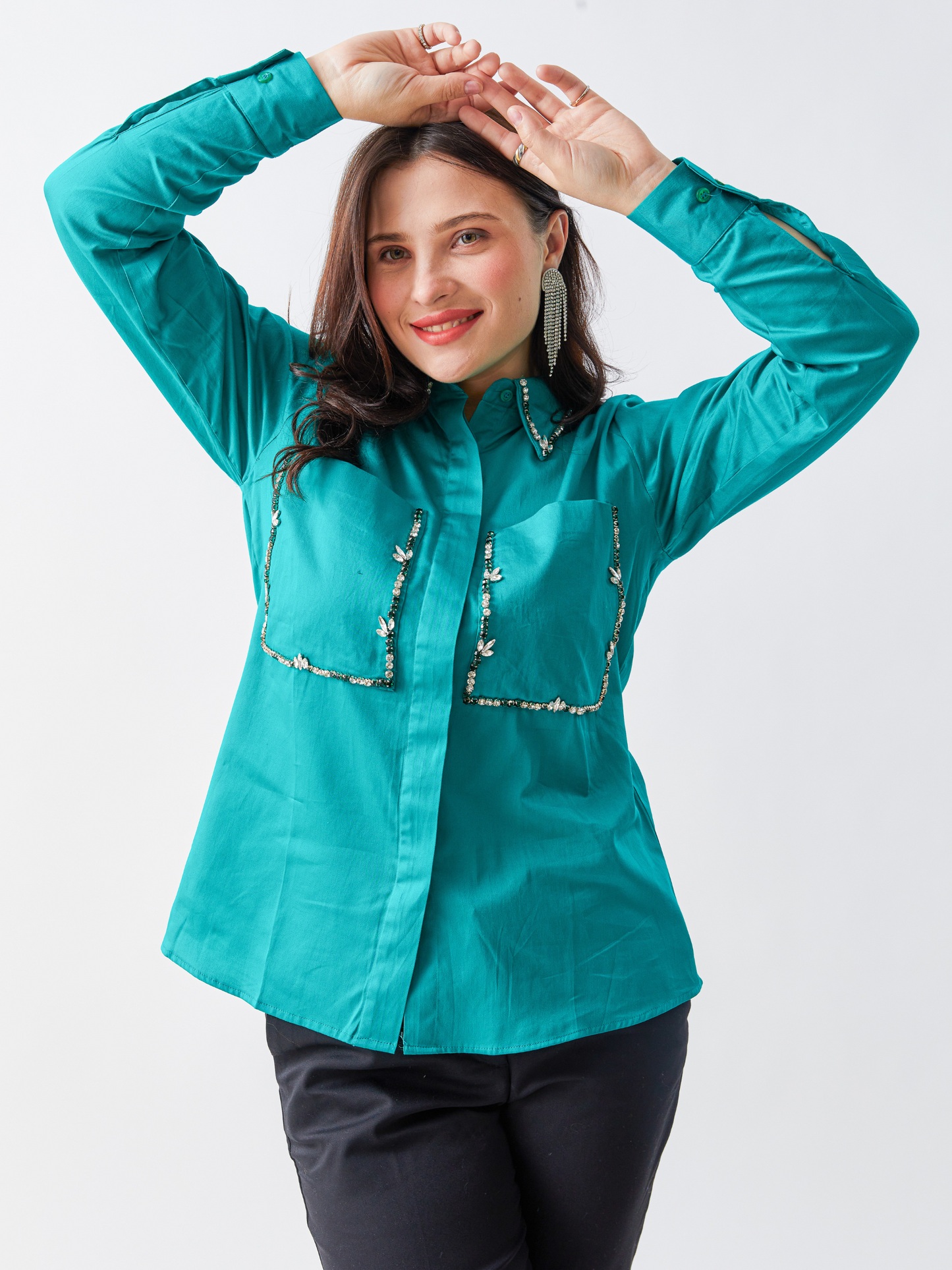 Fika Forest Green Cotton Shirt With Stone Embroidery