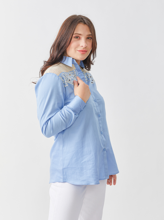 Fika Sky Blue Shirt With Crotchet Yoke And Embroidery