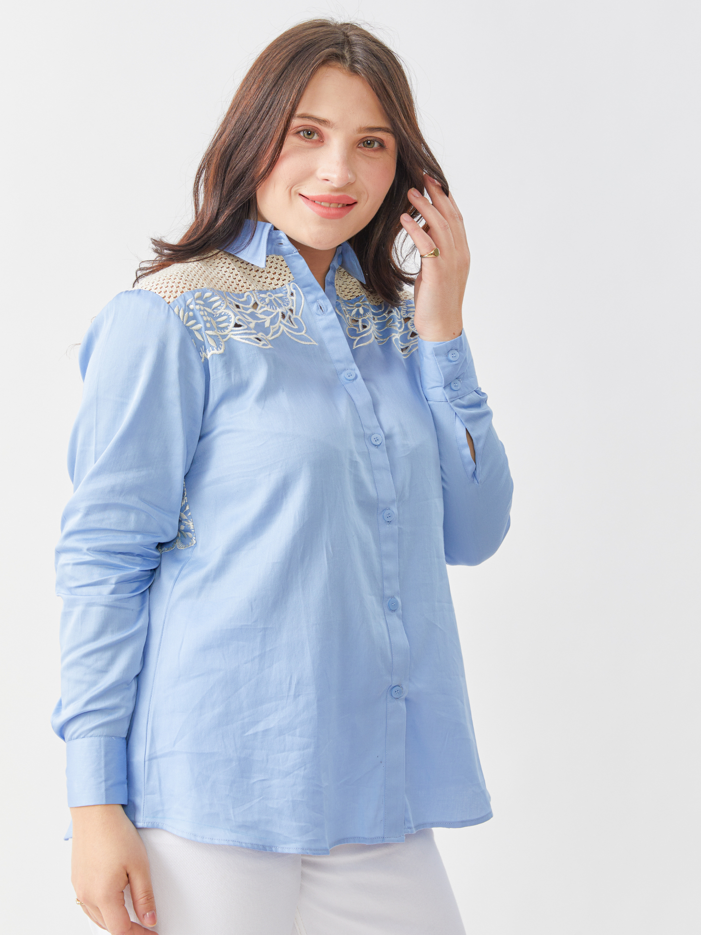 Fika Sky Blue Shirt With Crotchet Yoke And Embroidery