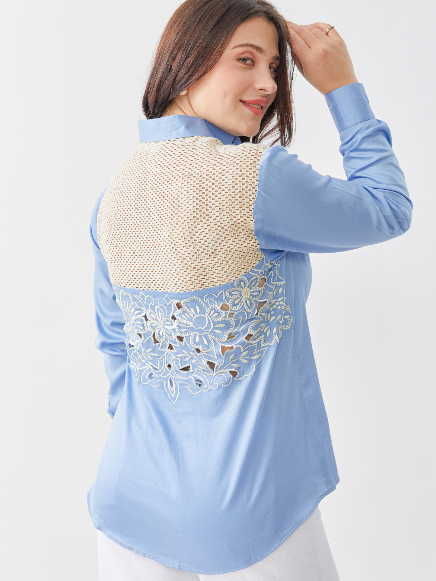 Fika Sky Blue Shirt With Crotchet Yoke And Embroidery