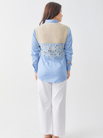 Fika Sky Blue Shirt With Crotchet Yoke And Embroidery