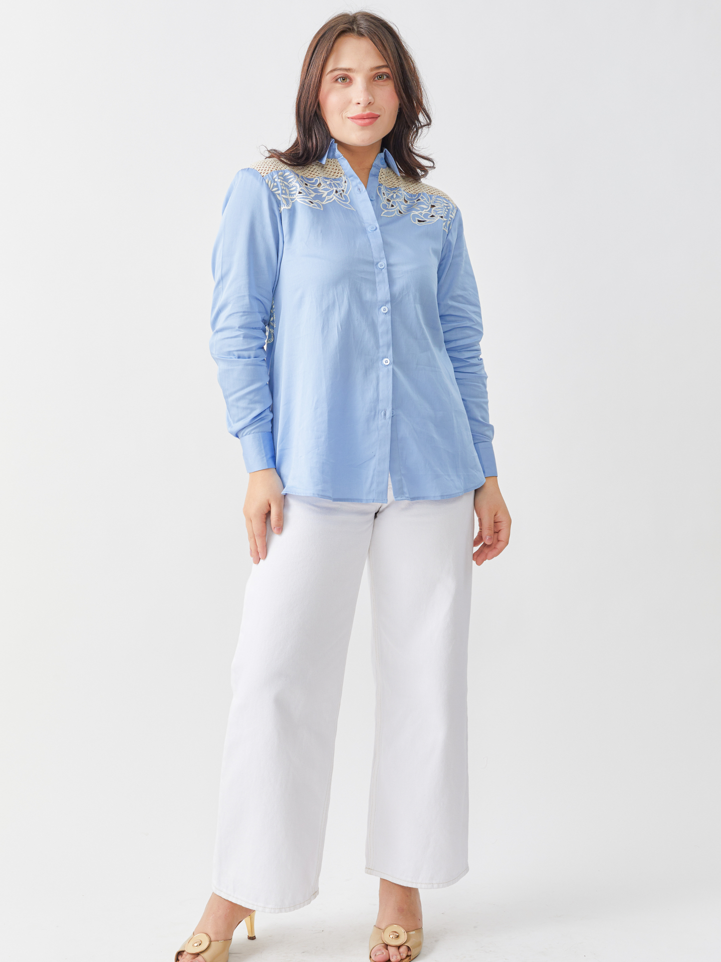 Fika Sky Blue Shirt With Crotchet Yoke And Embroidery