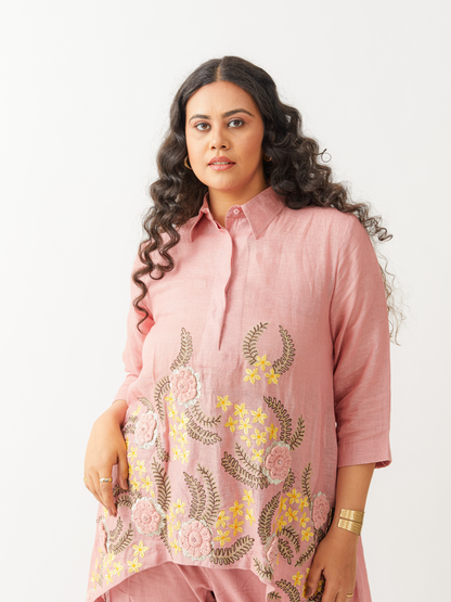 Lagom Turkish Rose Pink Tunic Set In Linen With Crochet Embroidery