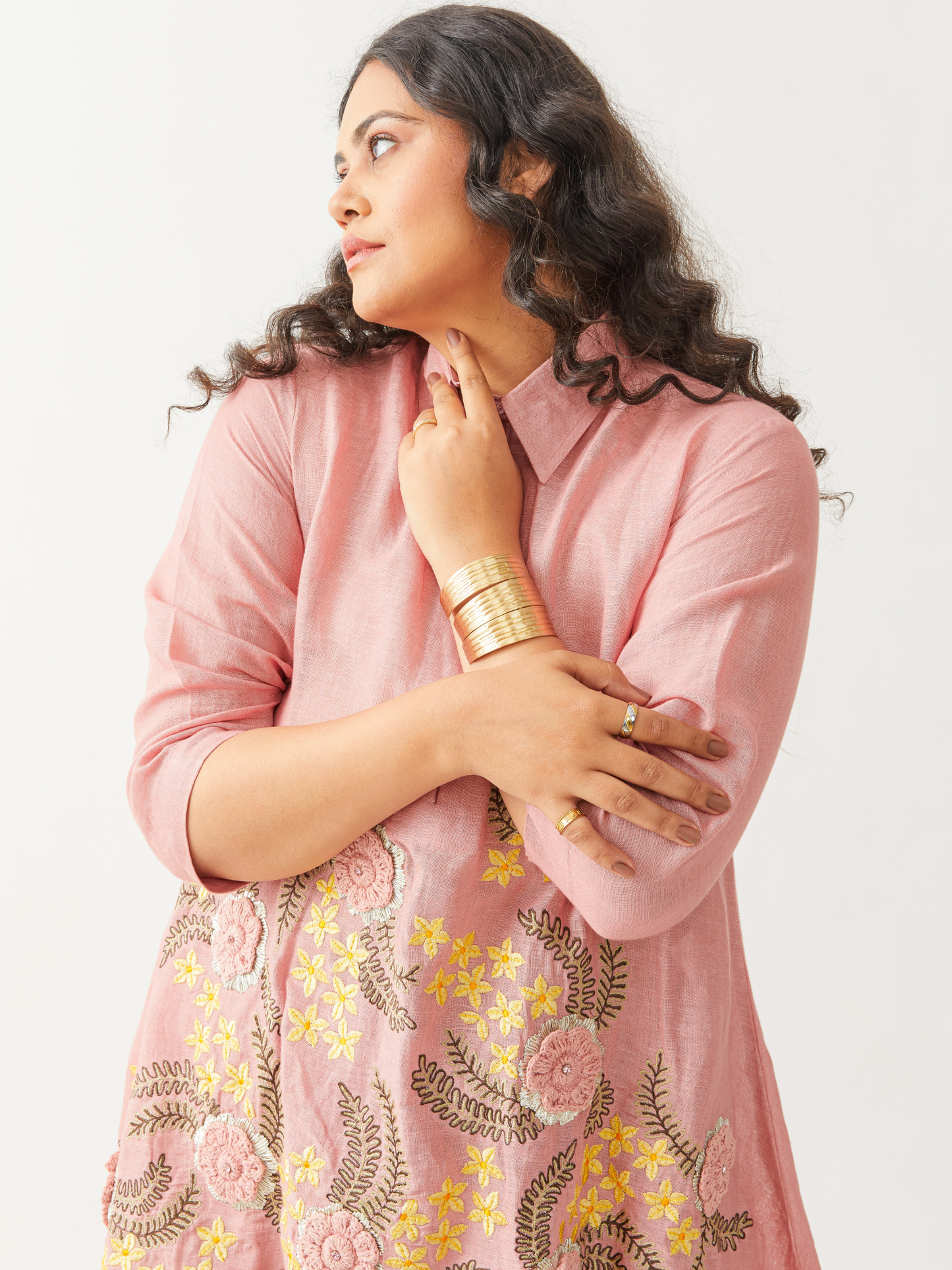 Lagom Turkish Rose Pink Tunic Set In Linen With Crochet Embroidery