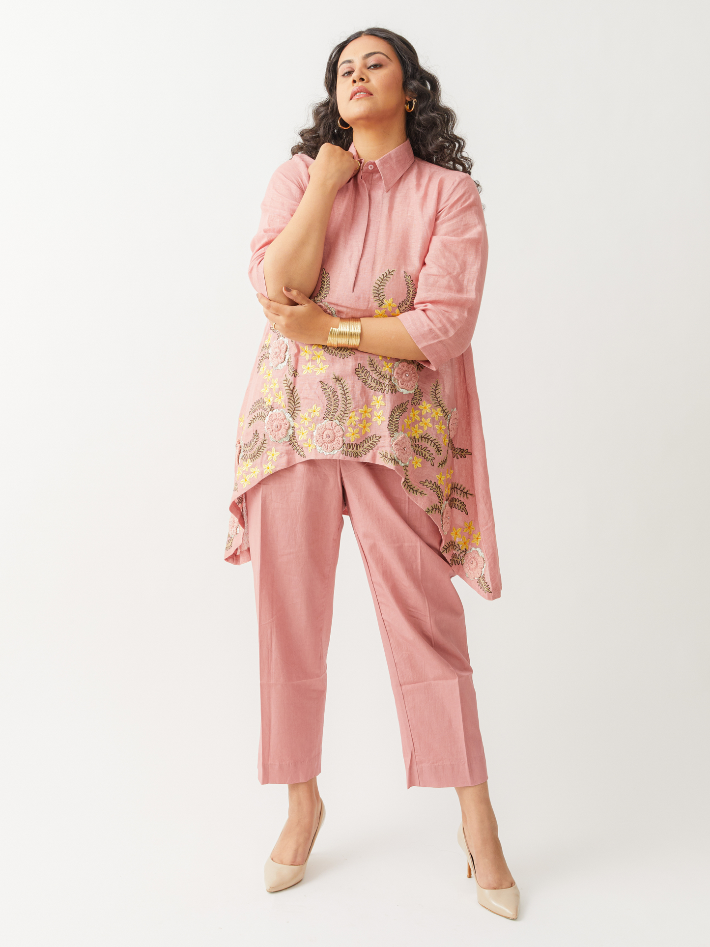 Lagom Turkish Rose Pink Tunic Set In Linen With Crochet Embroidery