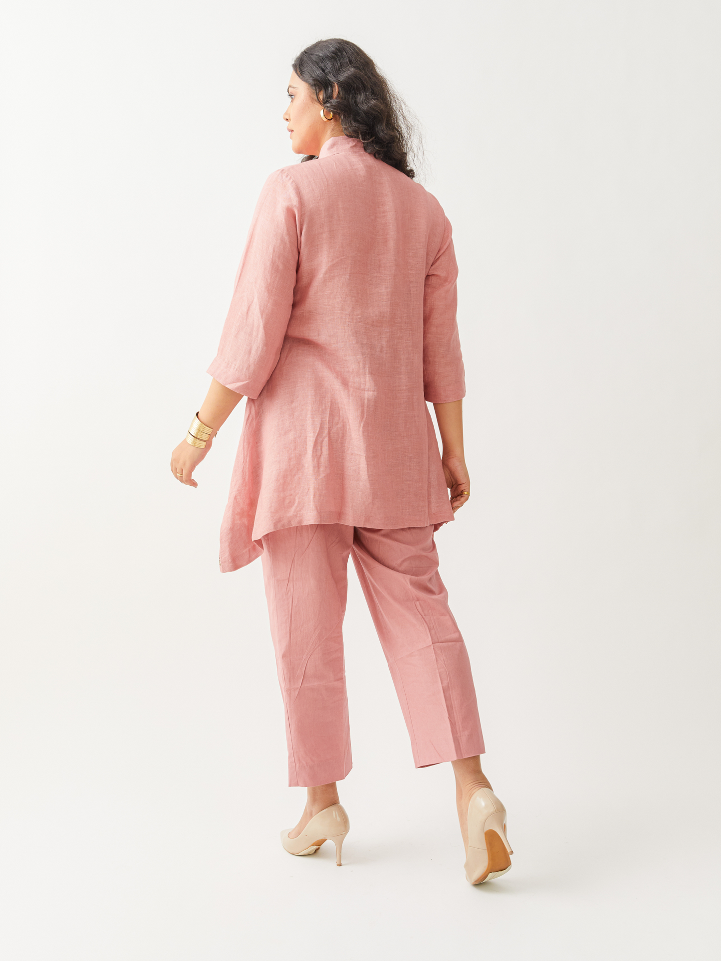 Lagom Turkish Rose Pink Tunic Set In Linen With Crochet Embroidery