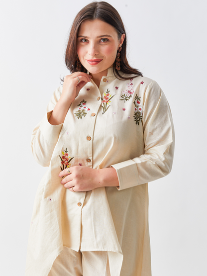 Lagom Ecru Cotton Linen Tunic Set With Floral Embroidery