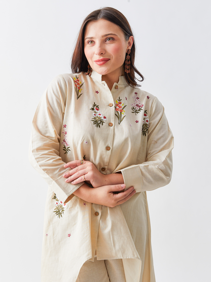 Lagom Ecru Cotton Linen Tunic Set With Floral Embroidery