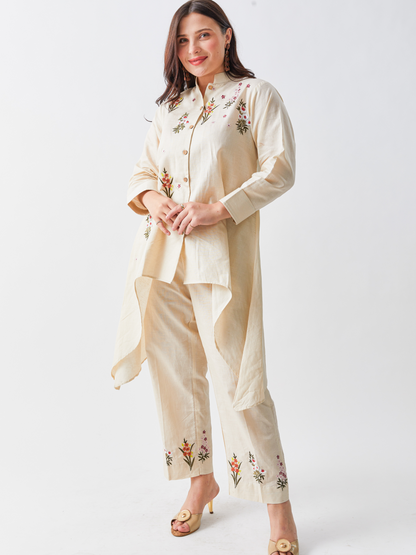 Lagom Ecru Cotton Linen Tunic Set With Floral Embroidery