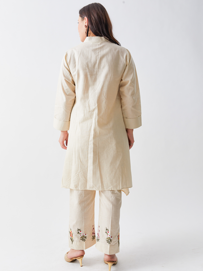 Lagom Ecru Cotton Linen Tunic Set With Floral Embroidery