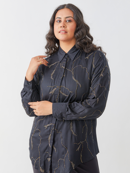 Emma Black Shirt With All Over Hand Embroidery