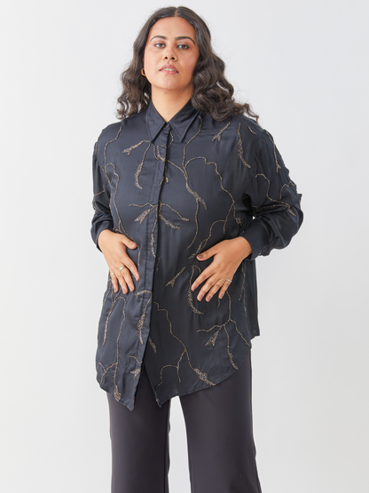 Emma Black Shirt With All Over Hand Embroidery