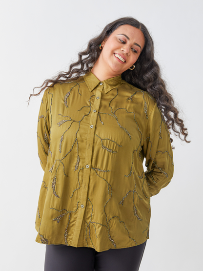 Emma Olive Green Shirt With All Over Embroidery