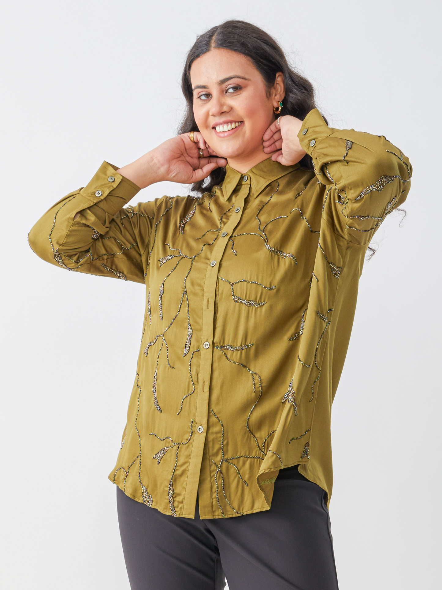 Emma Olive Green Shirt With All Over Embroidery