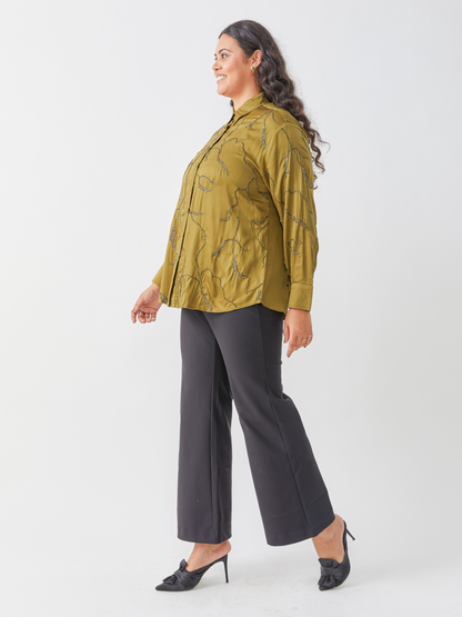 Emma Olive Green Shirt With All Over Embroidery