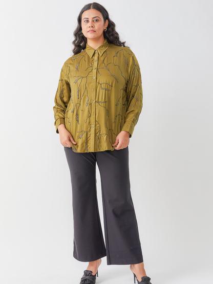 Emma Olive Green Shirt With All Over Embroidery