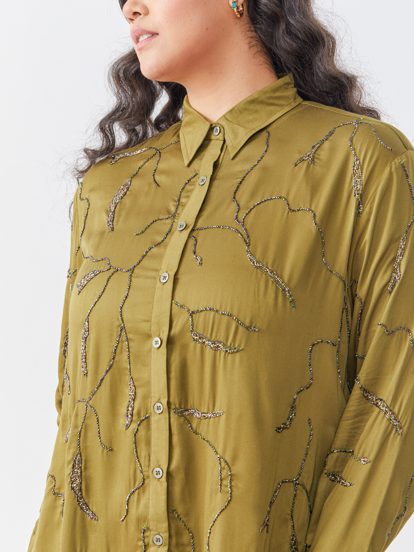 Emma Olive Green Shirt With All Over Embroidery