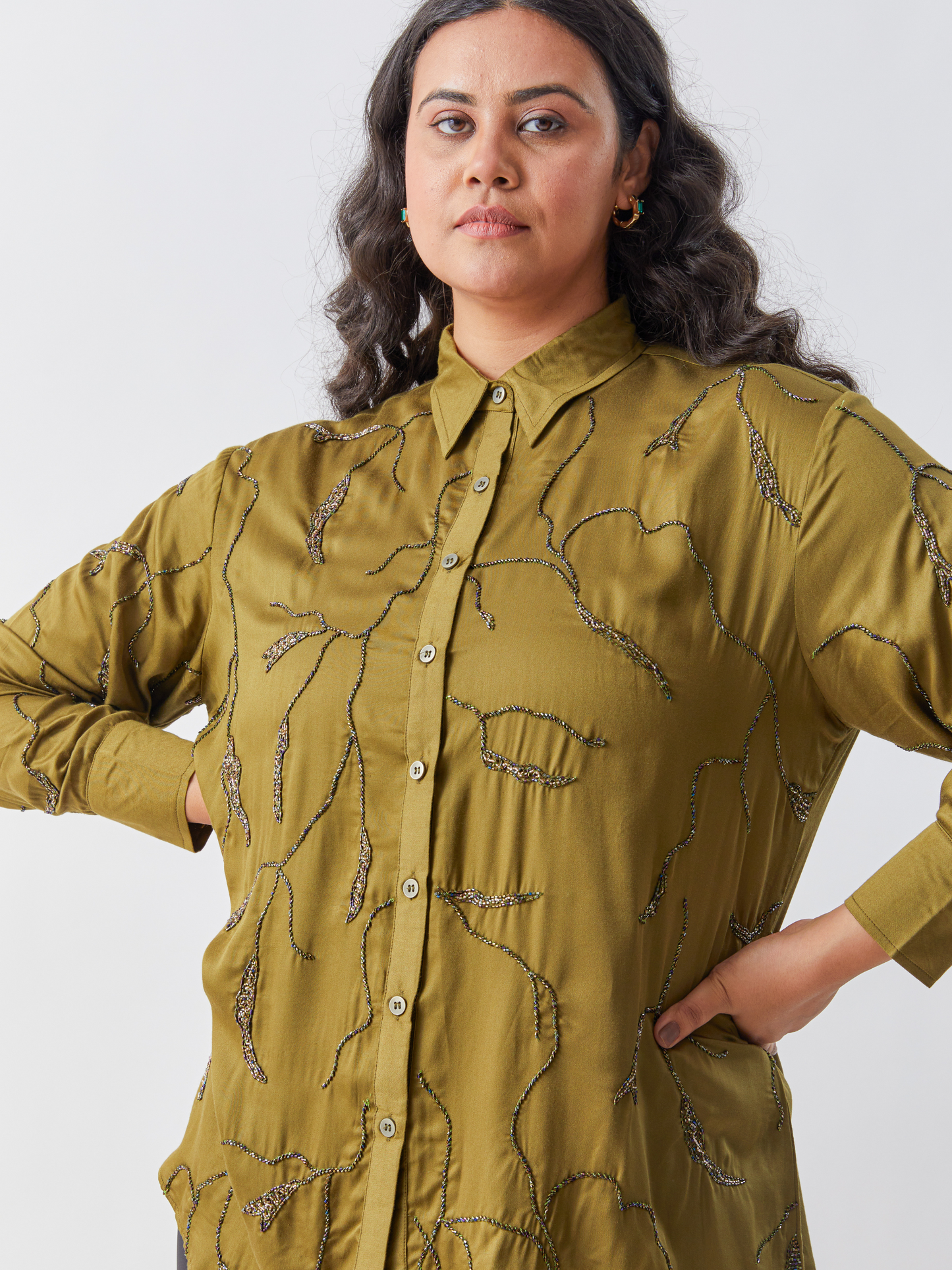 Emma Olive Green Shirt With All Over Embroidery